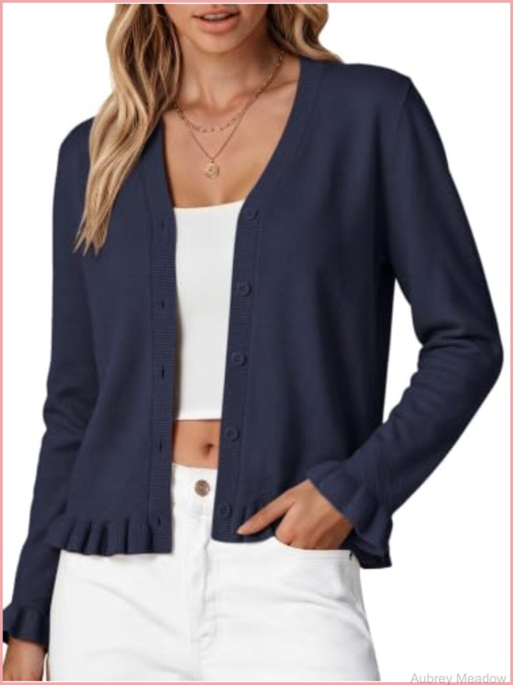 Ruffle Cropped Cardigan V-Neck Button Long Sleeve Women Dressy Sweater